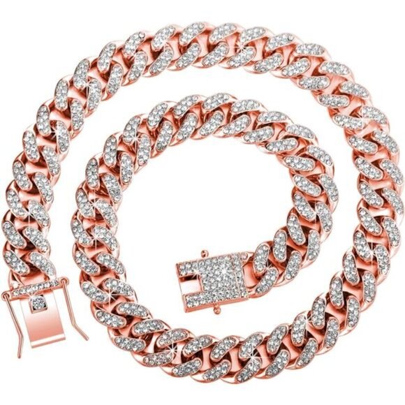 Rose Gold 2 Pieces Cuban Link Chain for Women Cuban Necklace Bracelet Heavy - Picture 4 of 6